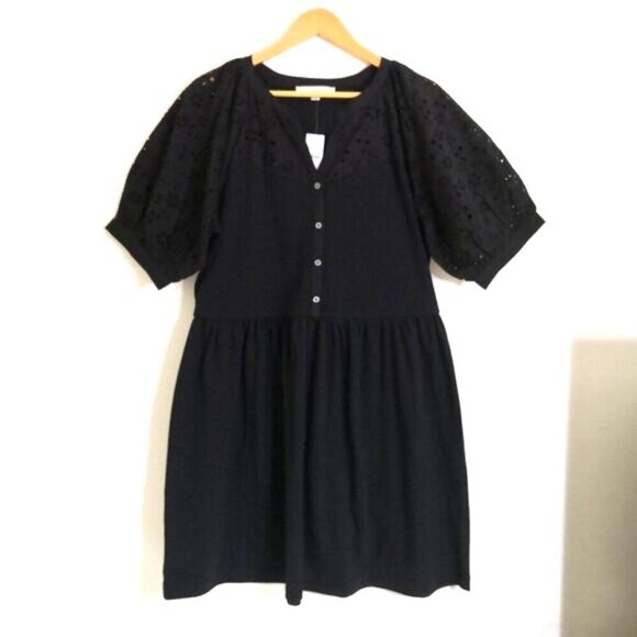 LOFT Eyelet Button Mixed Media Swing Dress Black Size L - Picture 3 of 8